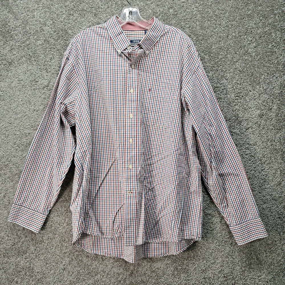 IZOD Mens XXL Plaid Button Down Shirt Red White Blue Cotton‎ Long Sleeve